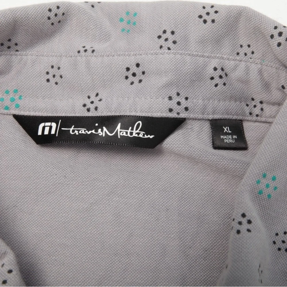 TravisMathew Polo Shirt Men XL Grey Geometric Dot Pima Cotton Blend Short Sleeve